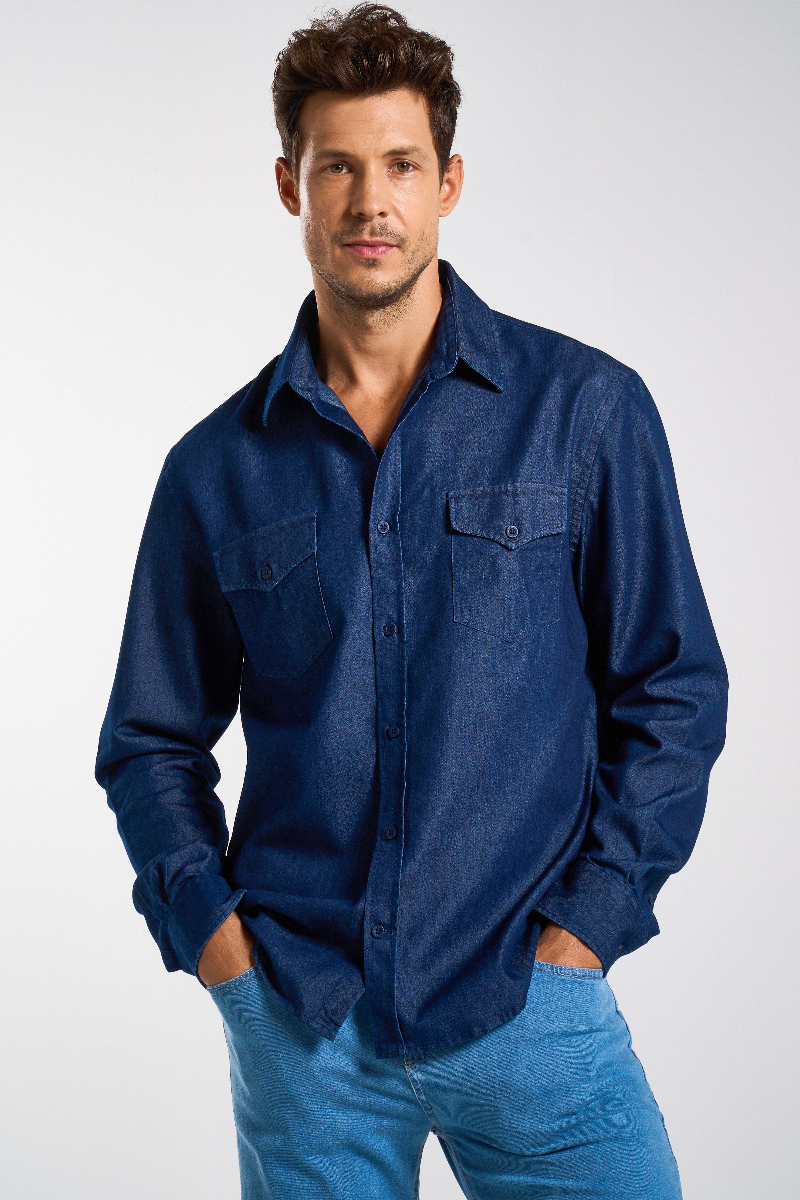 CAMISA M/L JEANS DOIS BOLSOS